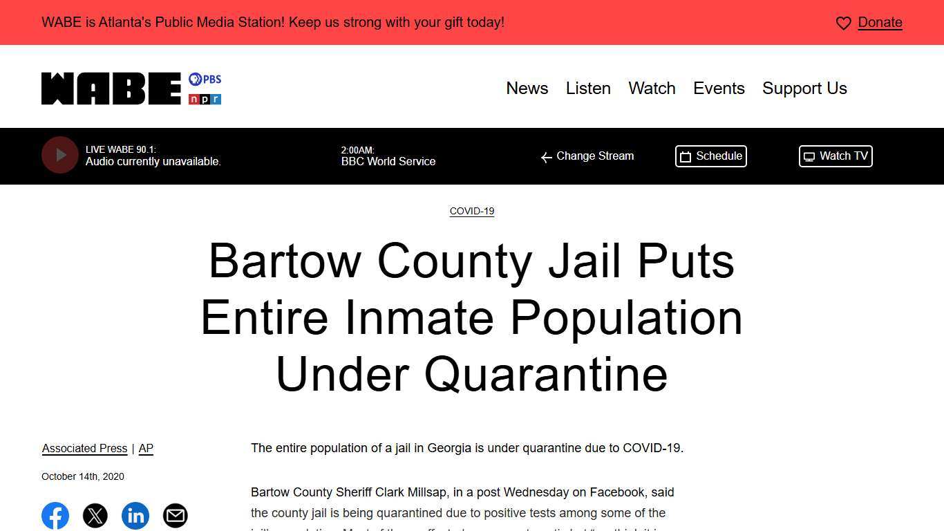 Bartow County Jail Puts Entire Inmate Population Under Quarantine – WABE